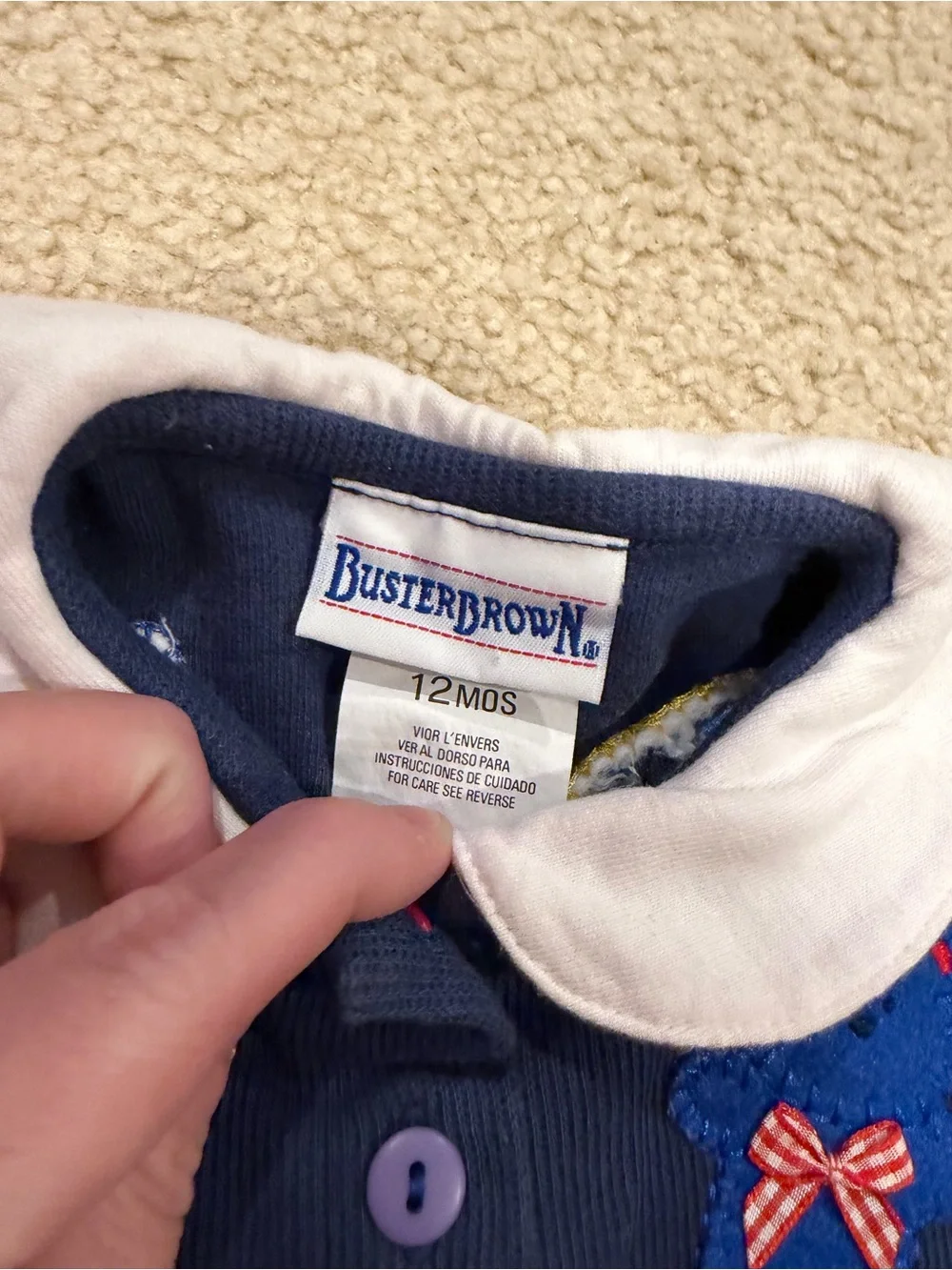 Vintage Buster Brown Navy Baby Romper with White Collar and Colorful Appliqués
